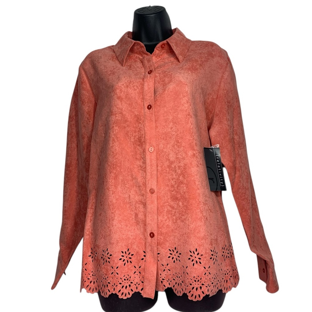 Faux Suede Button Front Blouse Coral Size Large NEW